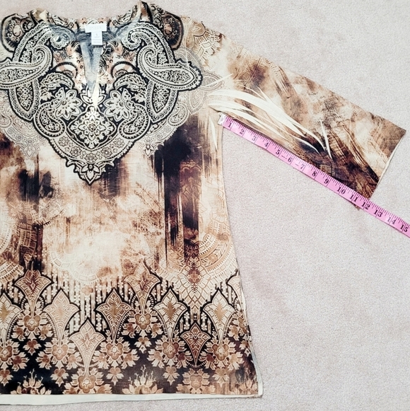 Chico's (1) Womans Tunic Top Jeweled/Beaded Brown Paisley Made In USA Size Small - Picture 9 of 13
